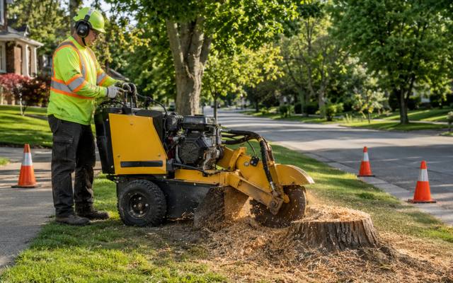 Ground-out stump face with the grinder alongside