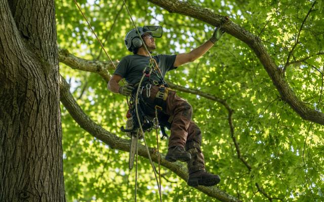 Climber tied in and working the upper growth of a mature maple